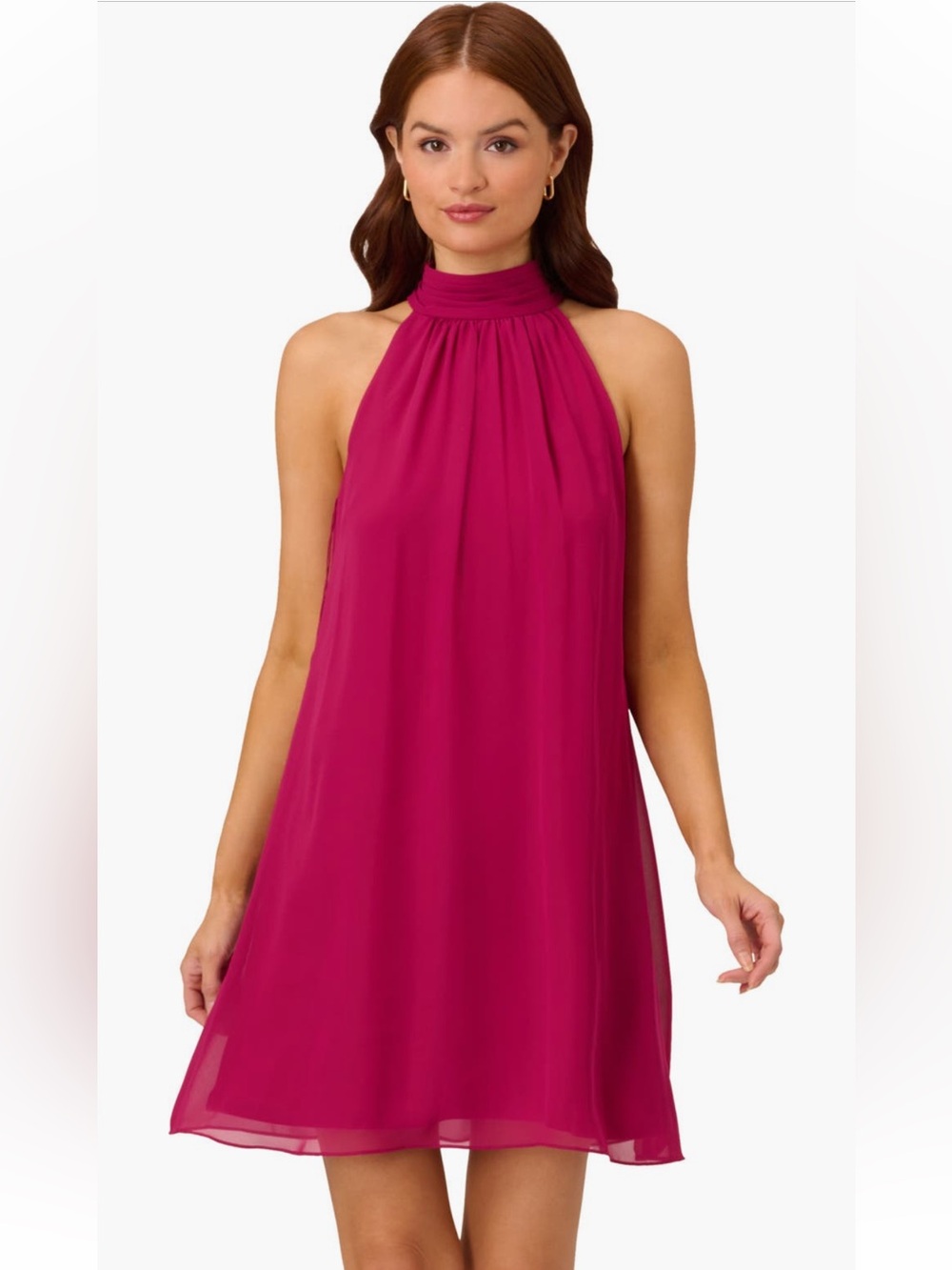 NWT Adrianna Papell Women’s 12 Halter Chiffon Jersey Dress Magenta Knee Length